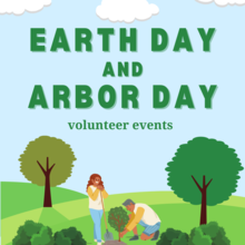 Earth Day and Arbor Day volunteer events graphic showing two people planting a tree.